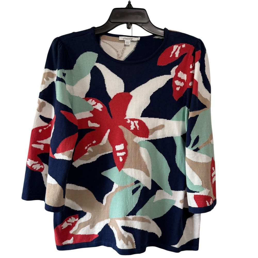 Chico's Floral Knit Top Navy Red Green 3/4 Sleeve Resort Wear, Size Med/8